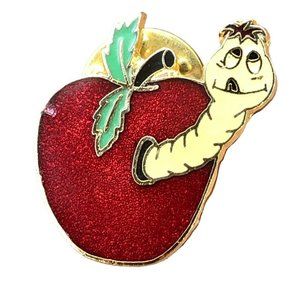 Vintage Worm in Apple Enamel Pin Lapel Hat Jacket Teacher Gift C Sanders 1"